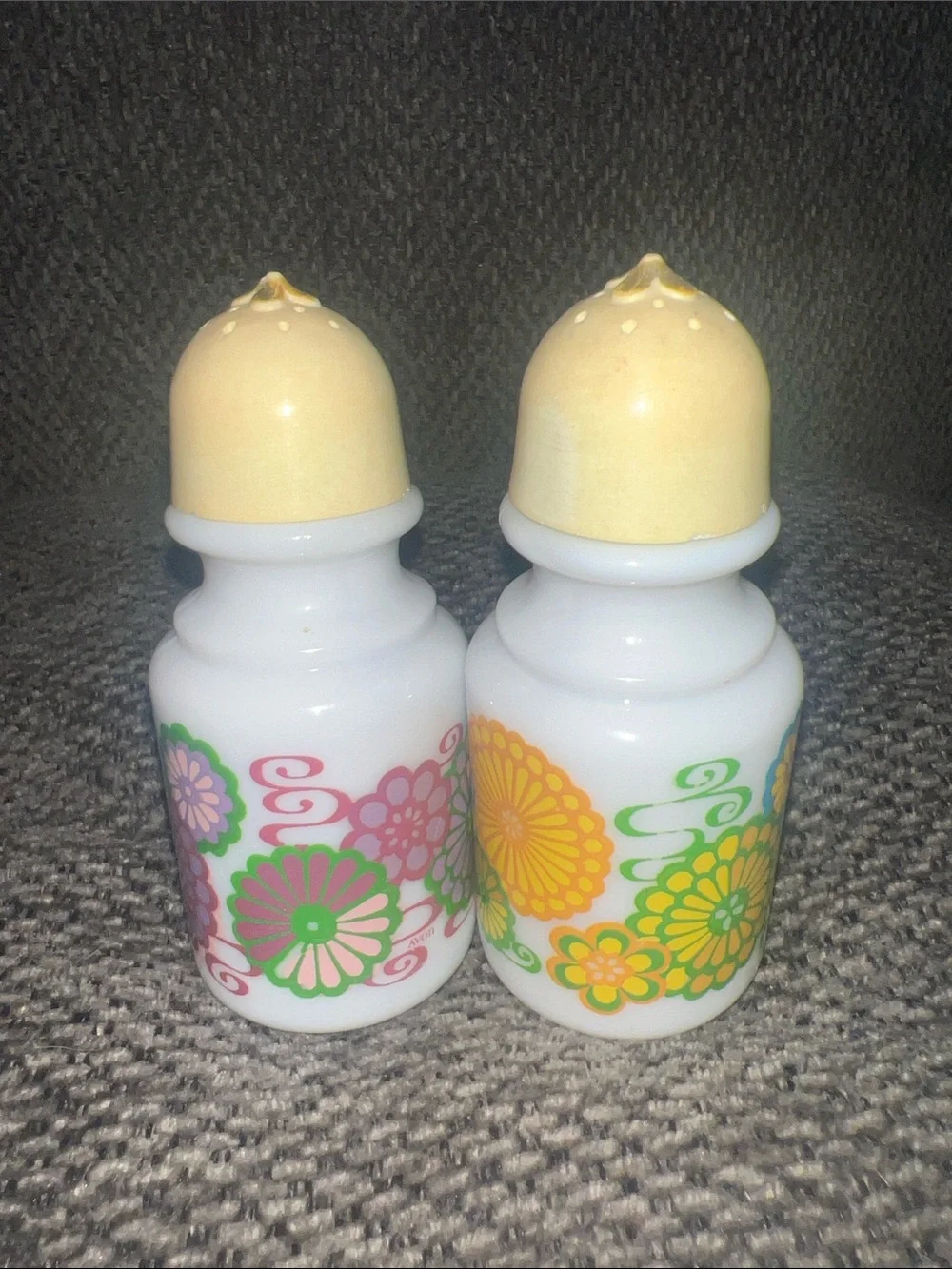 Vintage Avon Floral Milk Glass Salt and Pepper Shakers - Yellow Tops